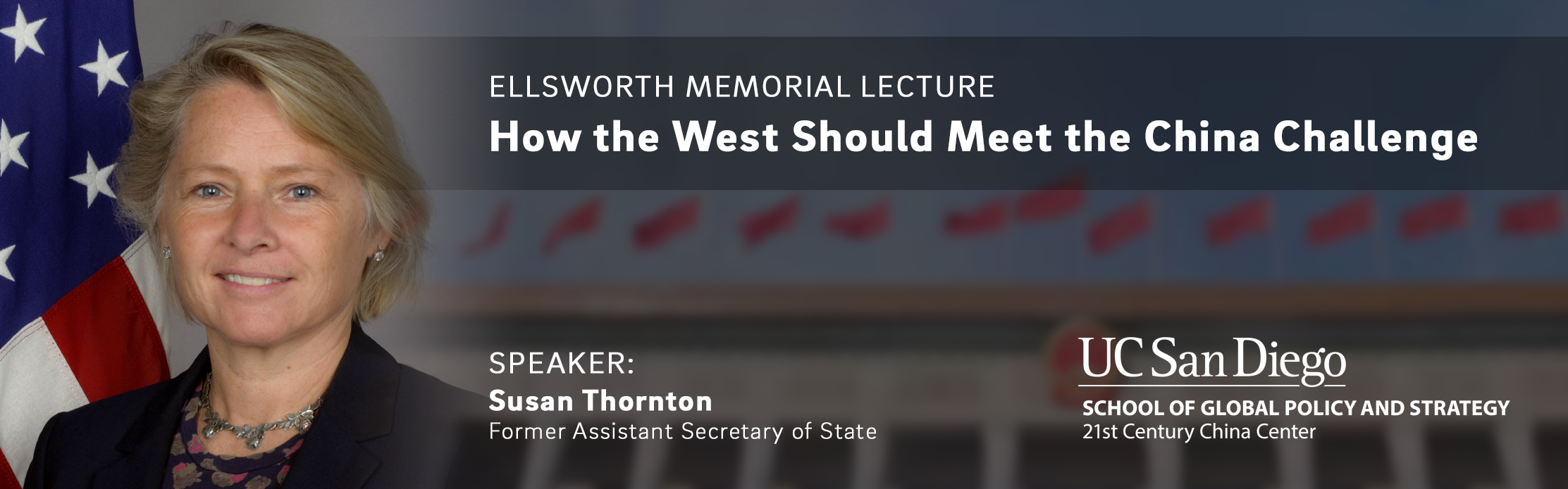 Graphic of banner with speaker and blurred background photography, with text noting the named lecture event for Ellsworth